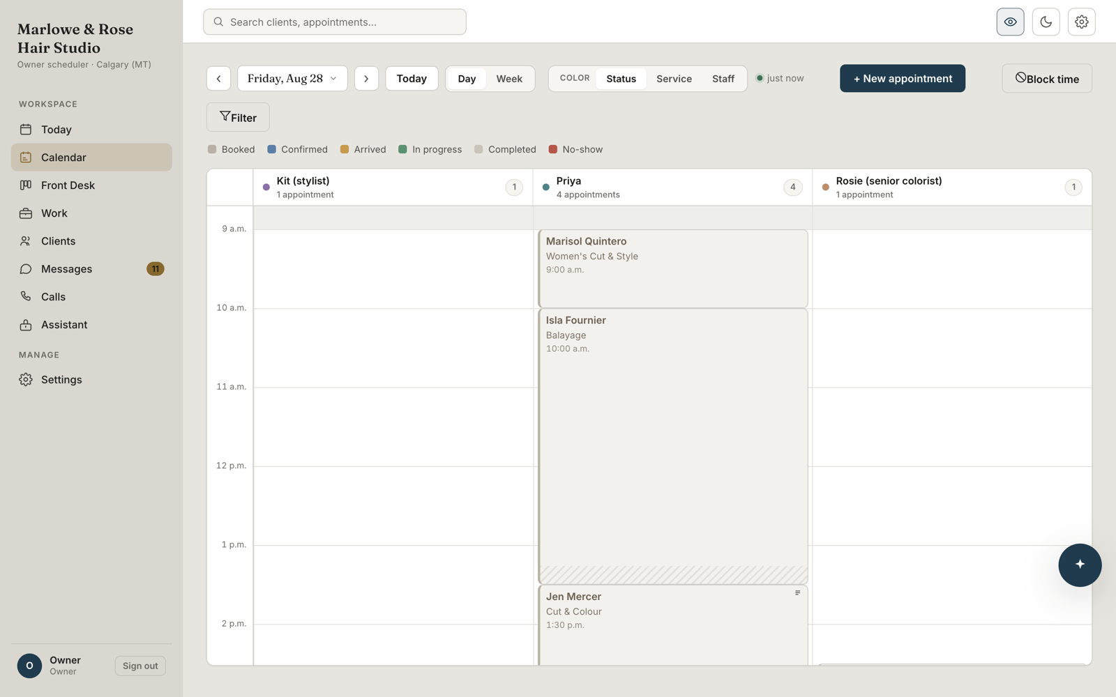 The salon's calendar in the app, with Jen Mercer's cut and colour booked at 1:30 PM on Priya's column.